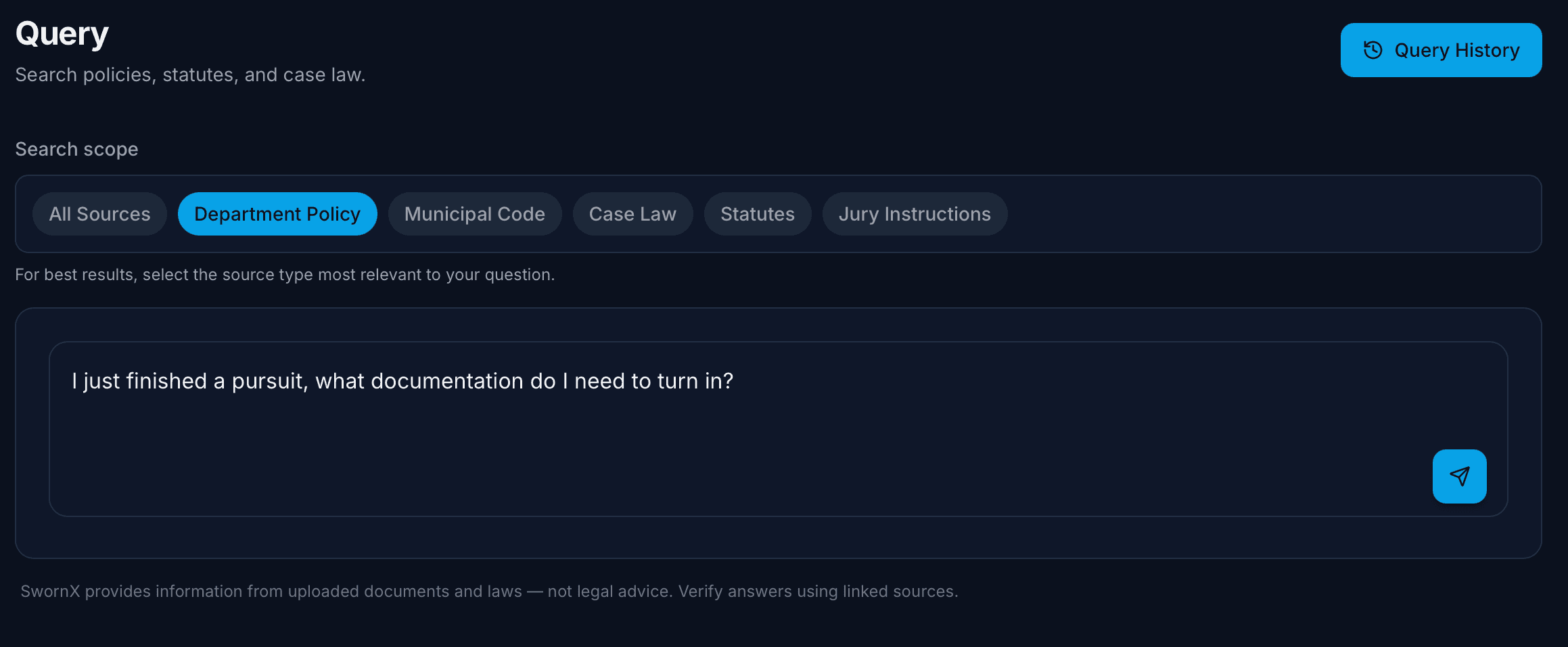 SwornX Query screen with search scope and natural-language question